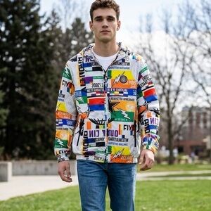 NWT Born Fly Internationally Known Colorful Graphic Print Windbreaker Jacket - S